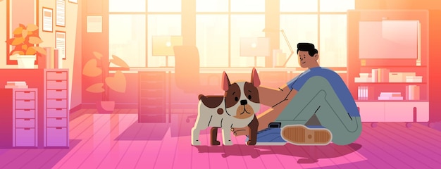 hombre dueño de mascota jugando con lindo perro mejores amigos animal doméstico cuidando el concepto de amigo de cuatro patas sala de estar moderna interior ilustración vectorial horizontal