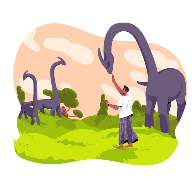 El hombre duerme y camina con dinosaurios en el concepto de sueño. Soñador con dinosaurios surrealistas en la imaginación. La persona ve el animal de alimentación del dragón en un mundo fantástico de paisaje onírico. Ilustración vectorial plana aislada en blanco.