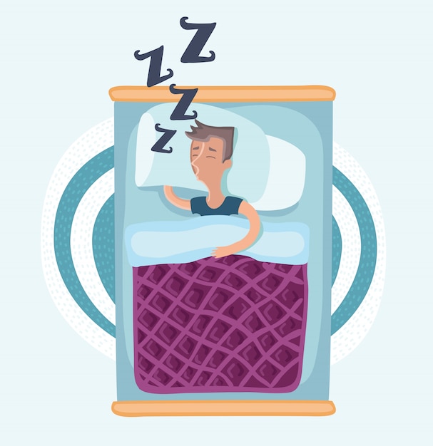 Hombre durmiendo en la cama debajo de la manta, vistiendo pijamas, acostado de lado, vista superior ilustración de dibujos animados sobre fondo blanco. Vista superior del hombre durmiendo de lado en pijama, acostado en la cama debajo de la manta