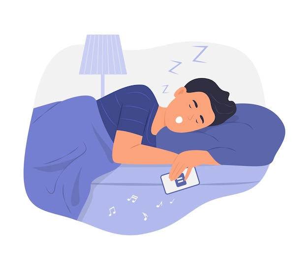 Vector hombre durmiendo en la cama con el teléfono móvil en la mano ilustración conceptual