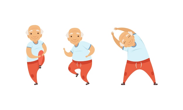 Hombre de edad avanzada con cabello gris haciendo ejercicios físicos estiramiento conjunto vectorial