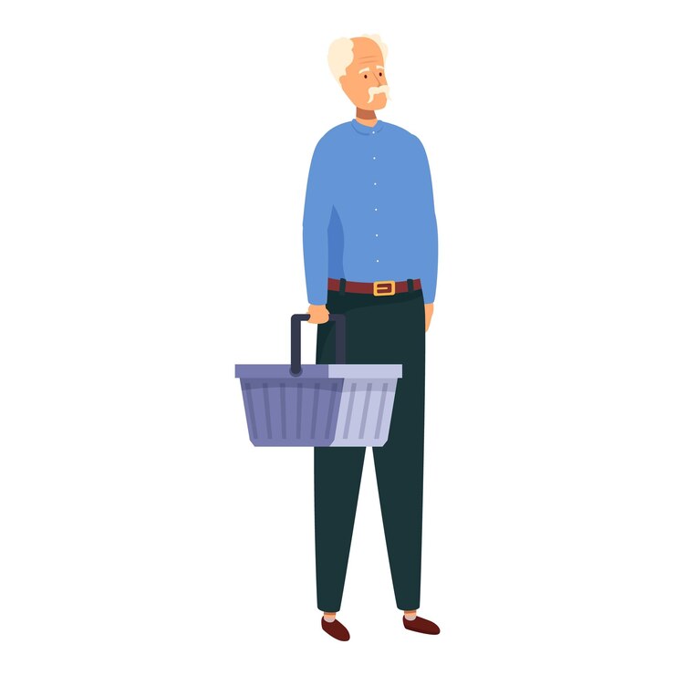 Vector hombre de edad avanzada con una canasta de compras ilustración de compras de comestibles