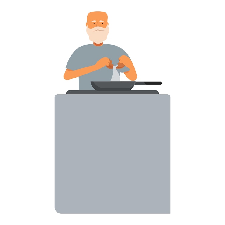 Vector hombre de edad avanzada cocinando huevos fritos icono vector de dibujos animados desayuno matutino de comida