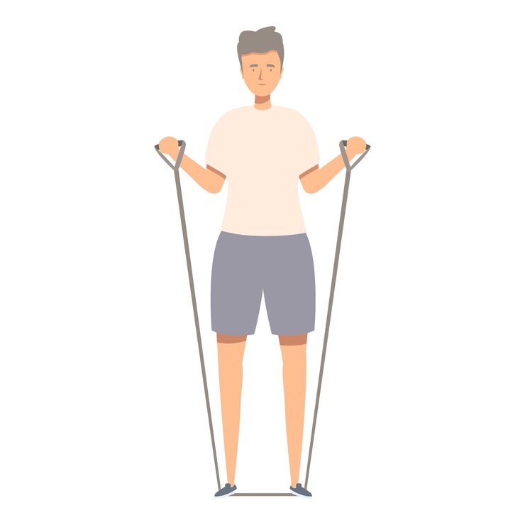 Vector hombre de edad avanzada haciendo ejercicio con banda de resistencia en casa manteniendo un estilo de vida saludable