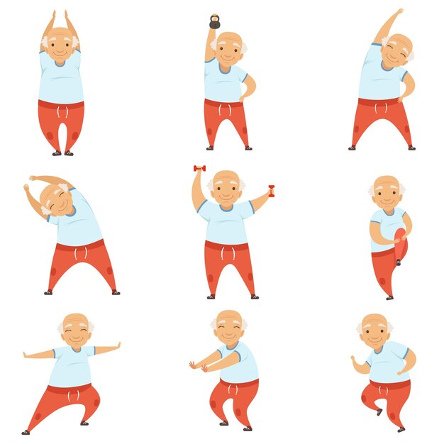 Hombre de edad avanzada haciendo ejercicios matutinos estilo de vida activo y saludable de personas jubiladas vector Ilustración aislada sobre un fondo blanco