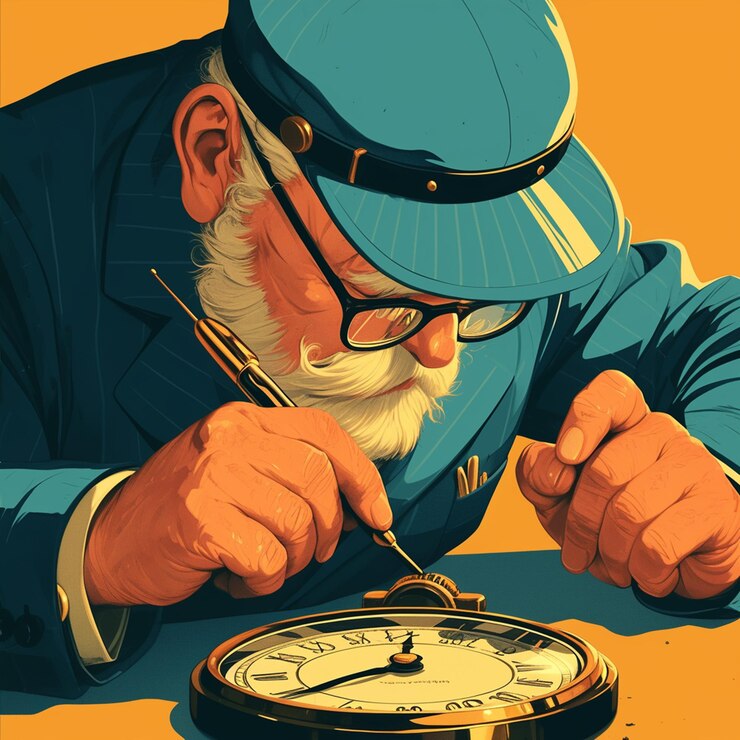 Vector hombre de edad avanzada de raza mixta arreglando un reloj