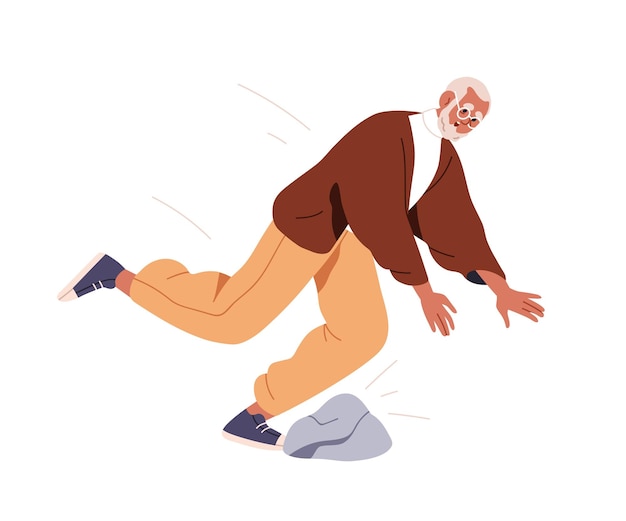 Hombre de edad avanzada tropezando contra una piedra que cae personaje anciano torpe cae persona tropezada accidente lesión riesgo de trauma peligro ilustración vectorial plana aislada sobre fondo blanco