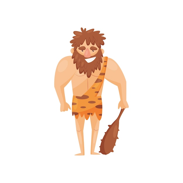 Hombre de la Edad de Piedra prehistórico con bastón hombres de las cavernas primitivos vector de personajes de dibujos animados Ilustración aislada sobre un fondo blanco