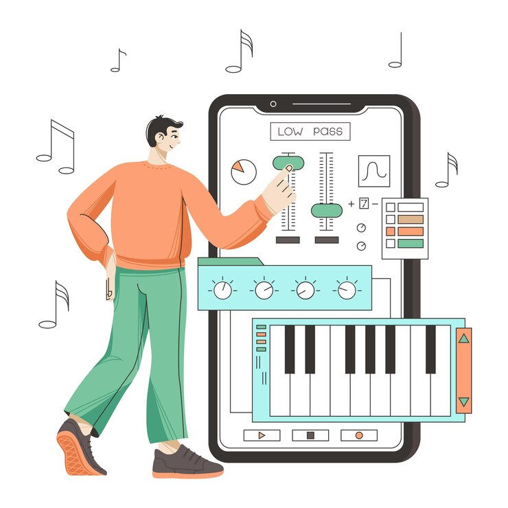 Vector hombre editando música usando una aplicación móvil