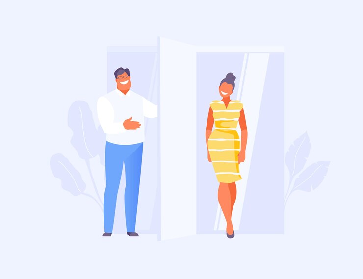 Vector un hombre educado le abre la puerta a una mujer situaciones sociales