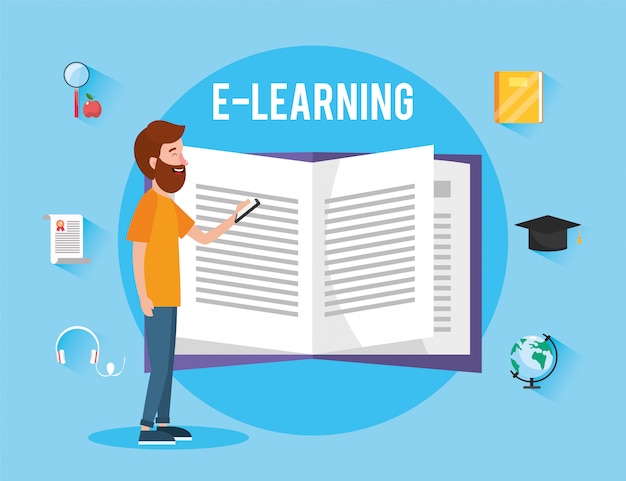 hombre con elearning conocimiento del libro para estudiar