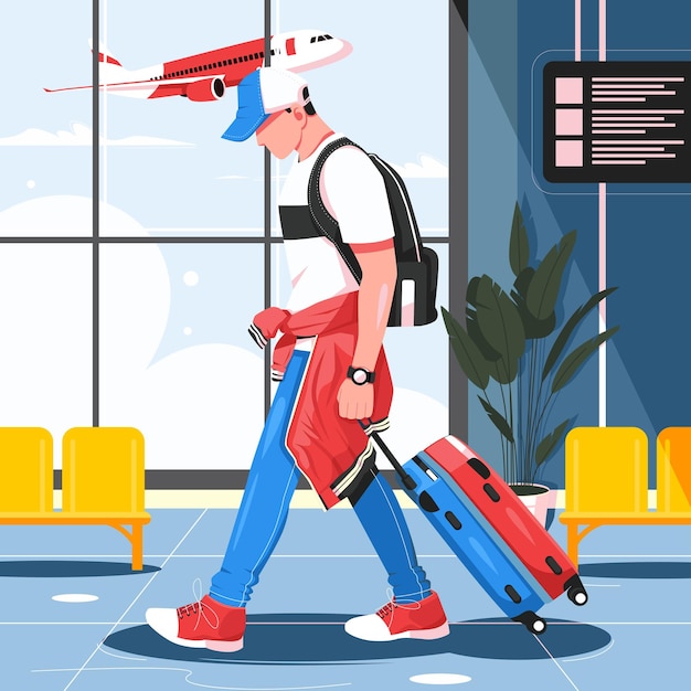 Hombre elegante caminando con maletas en la ilustración del aeropuerto