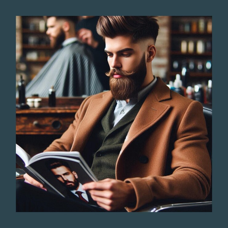 Vector hombre elegante sentado en una barbería corteo de cabello para hombres cartel para spa decoración de pared salón de belleza