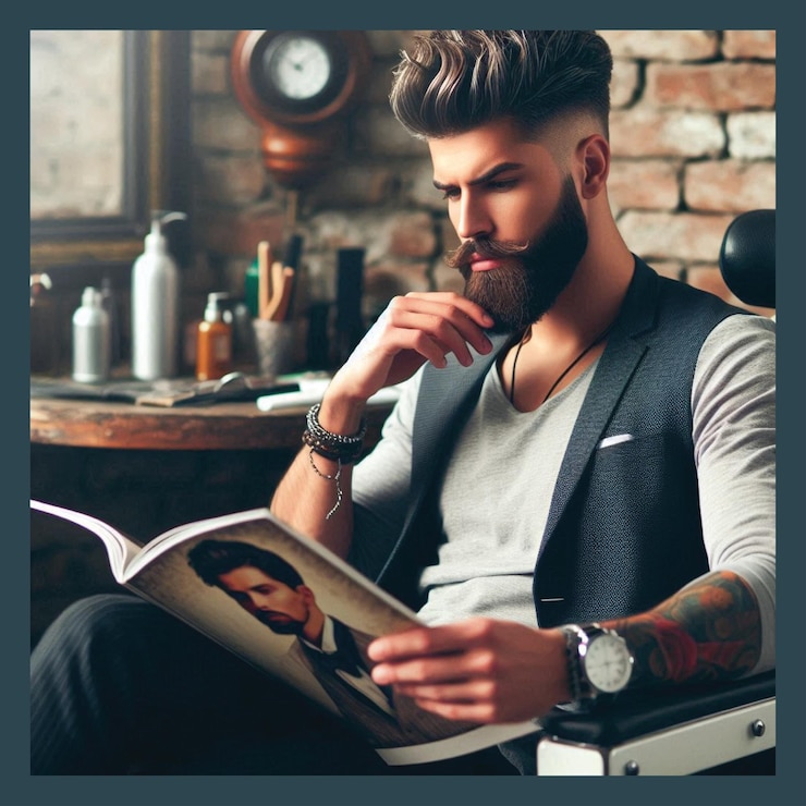 Vector hombre elegante sentado en una barbería corteo de cabello para hombres cartel para spa decoración de pared salón de belleza