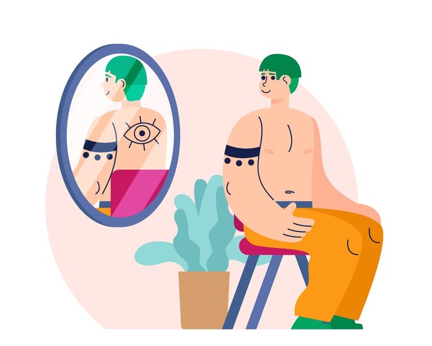 Hombre elegante sentado cerca de un gran espejo y mirando hacia atrás Proceso de trabajo de los artistas del tatuaje