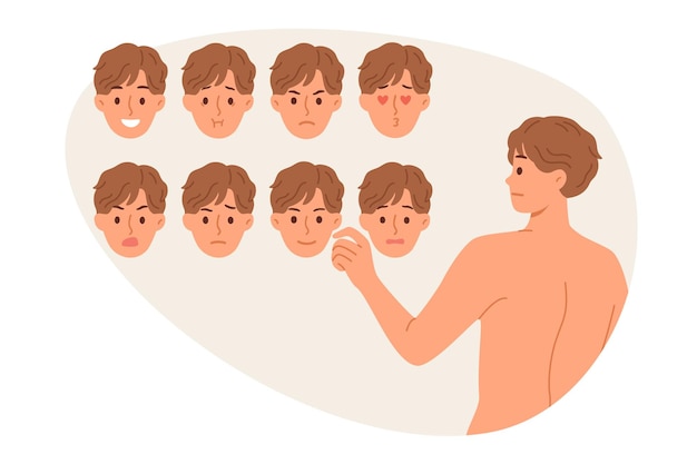 El hombre elige una máscara con emociones para ocultar la emoción emocional en una reunión importante