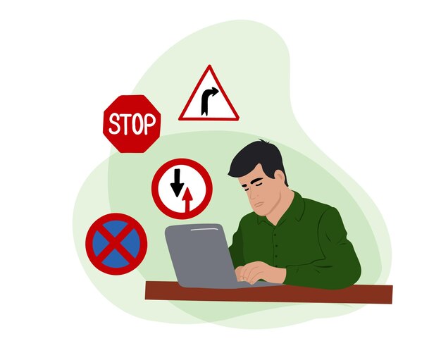 Un hombre elige una respuesta a una pregunta de prueba en línea. Aprendiendo las reglas del camino. Autoescuela