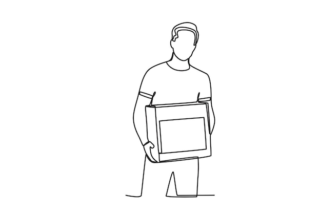 Vector un hombre emocionado que lleva una caja de cartón dibujo en línea del día mundial humanitario
