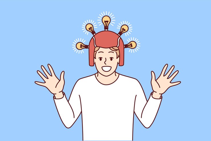 Vector hombre emocionado satisfecho en casco con bombillas brillantes levanta las manos y sonríe imagen vectorial