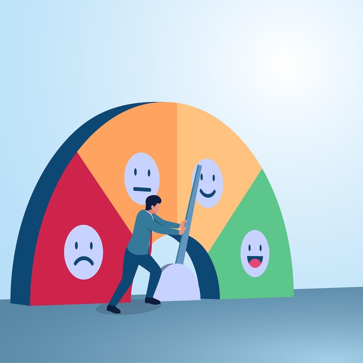 Vector un hombre empuja la aguja del medidor de satisfacción hacia una buena retroalimentación ilustración para la retroalimentación de la revisión del cliente satisfacción del cliente