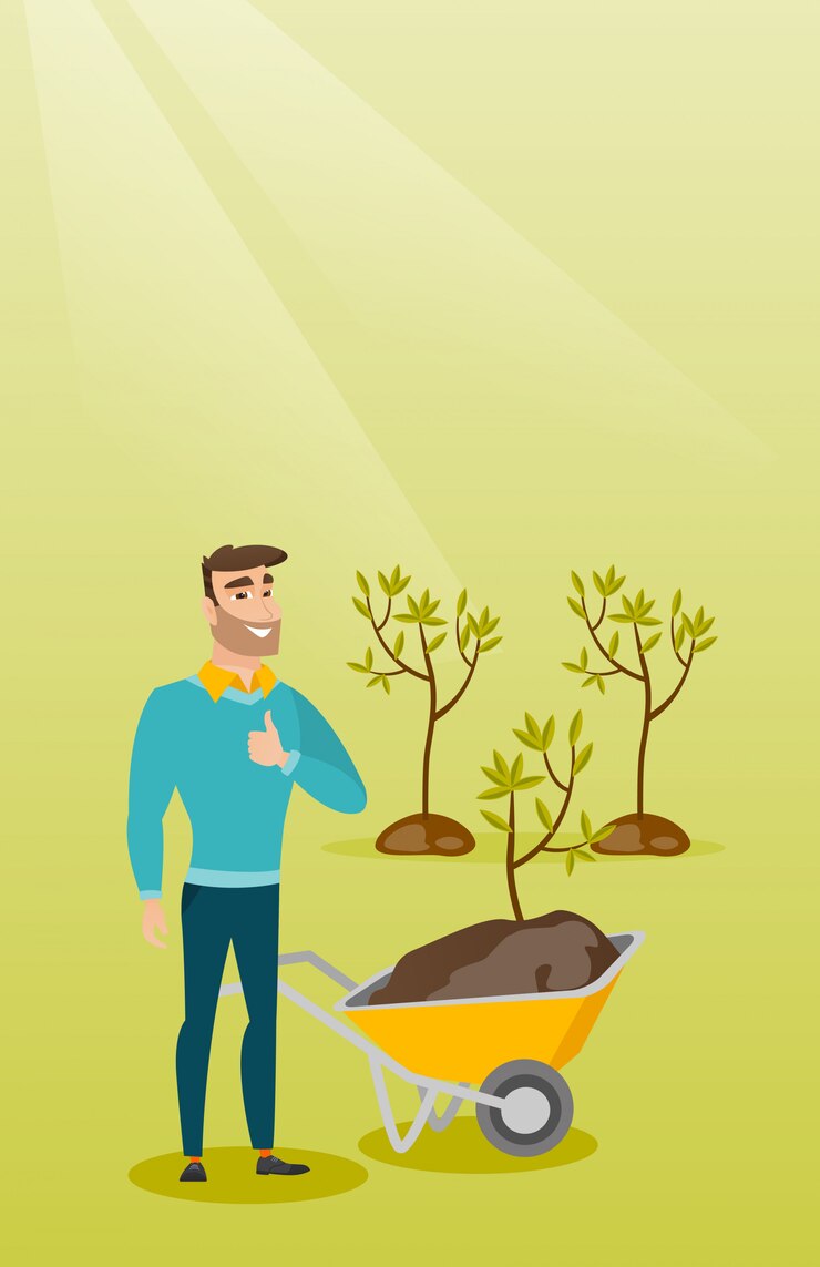 Vector hombre empujando la carretilla con planta.