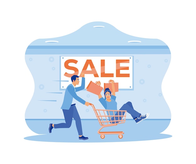Hombre empujando un carrito de compras con una mujer Compra muchos artículos porque hay descuentos Gran concepto de venta Ilustración vectorial plana