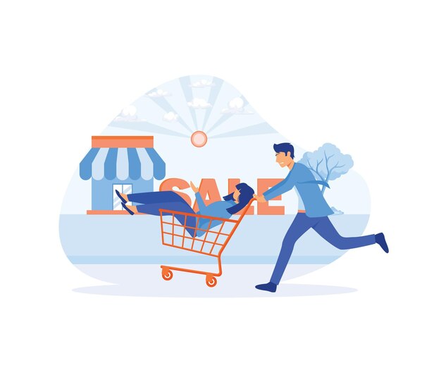 Hombre empujando el carrito de compras con mujer Gran venta de compras vector plano ilustración moderna