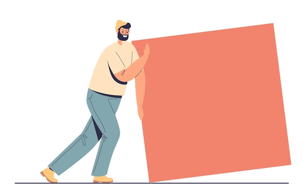 Hombre empujando forma cuadrada. Rectángulo de empuje de personaje masculino de dibujos animados. Desafío, fuerza y esfuerzo