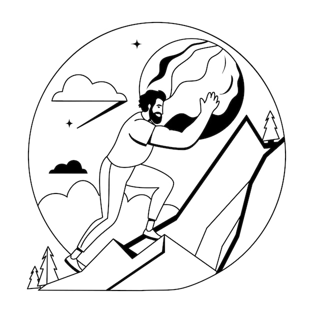 El hombre empujando un planeta por una montaña un símbolo de esfuerzo y determinación