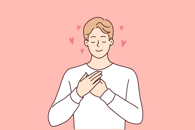 El hombre enamorado pone las manos en el pecho y cierra los ojos recordando a la novia Imagen vectorial