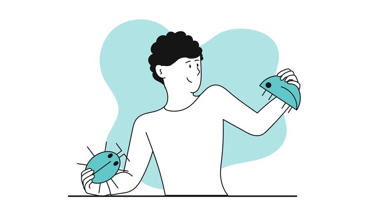 Vector el hombre encontró un error en la ilustración del concepto de vector de código probador y plataforma de aplicaciones masculinas