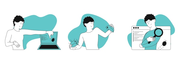 El hombre encontró un error en la ilustración del concepto de vector de código Probador y plataforma de aplicaciones masculinas