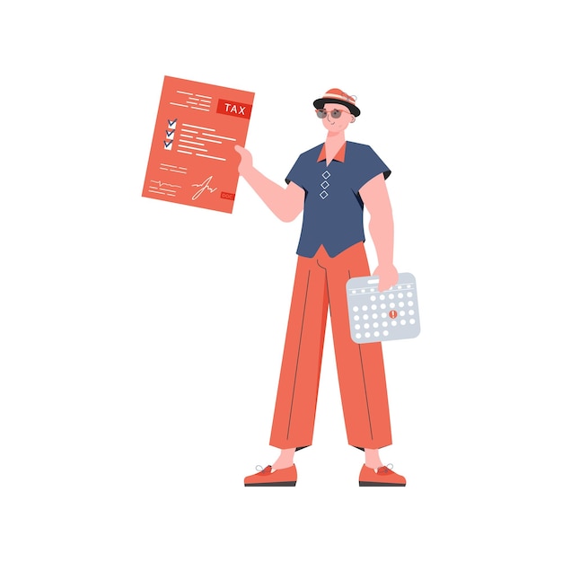 Un hombre se encuentra en toda su altura y cuenta impuestos Elemento aislado para la presentación Ilustración vectorial