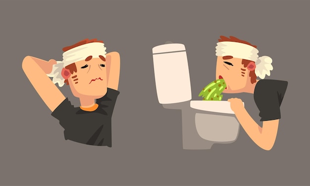 Hombre enfermo con cabeza vendada que tiene dolor de cabeza vómito Vector Set