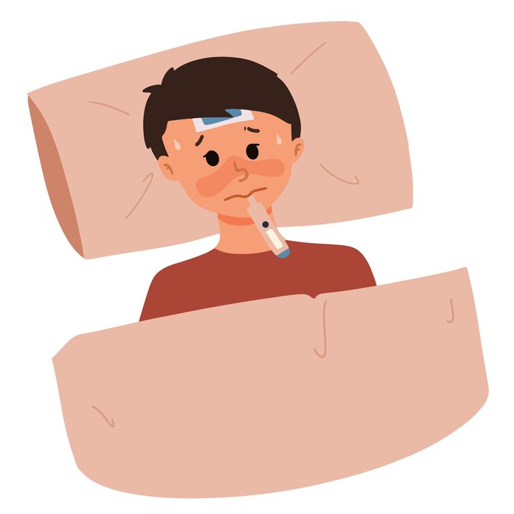Vector hombre enfermo con fiebre con ilustración de termómetro