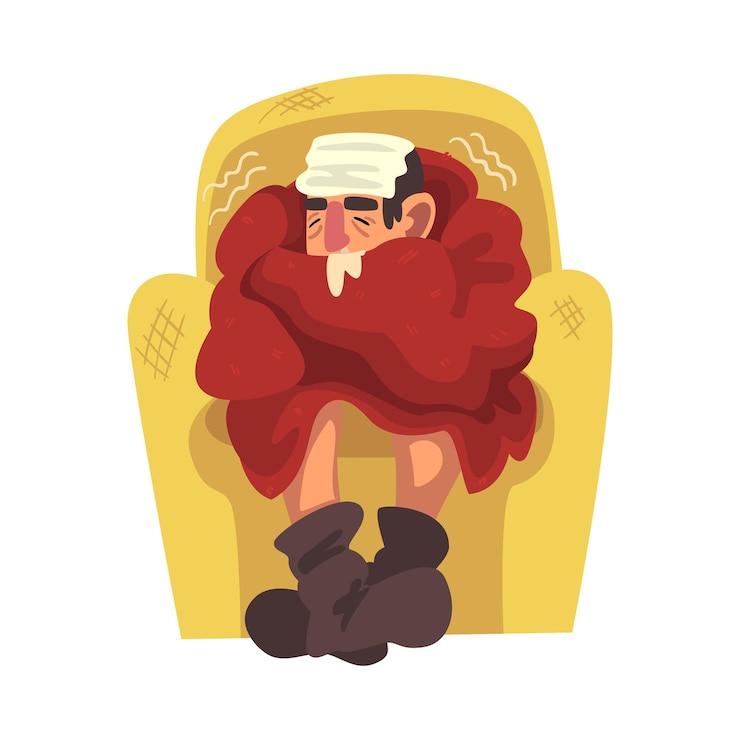 Vector hombre enfermo sentado en una silla envuelto en cuadros hombre con gripe con calcetines de punto cubriendo la cara con su mano ilustración vectorial de dibujos animados
