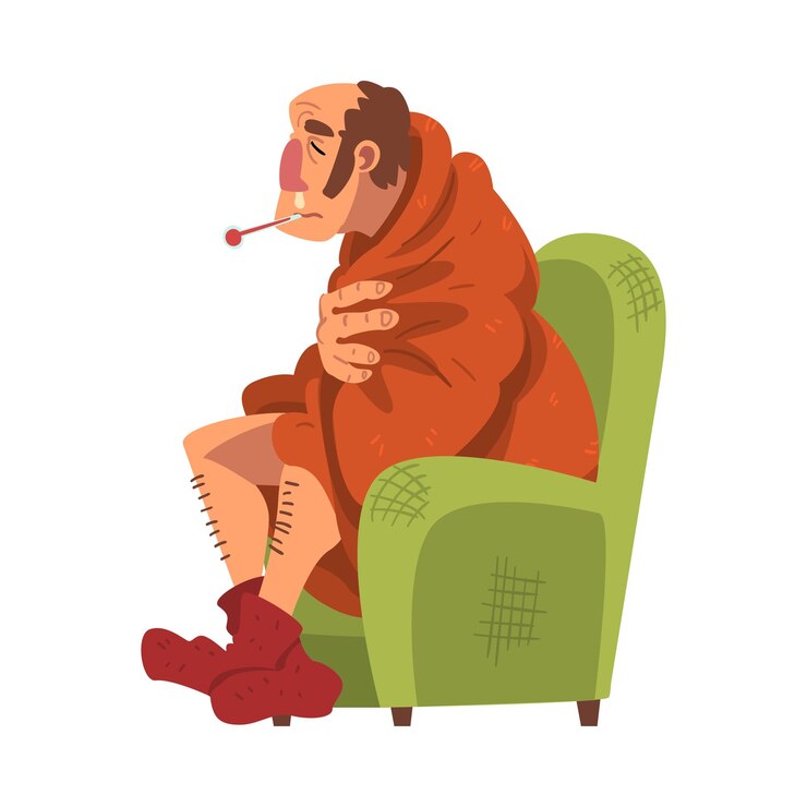 Vector hombre enfermo sentado en un sillón envuelto en cuadros hombre con gripe con calcetines de punto midiendo la temperatura con termómetro ilustración vectorial de dibujos animados