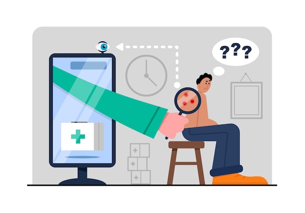 El hombre enfermo vino al hospital para recibir tratamiento Examen y diagnóstico en línea del paciente Servicios modernos de atención médica a través de Internet Reunión por videoconferencia con el terapeuta Ilustración plana vectorial