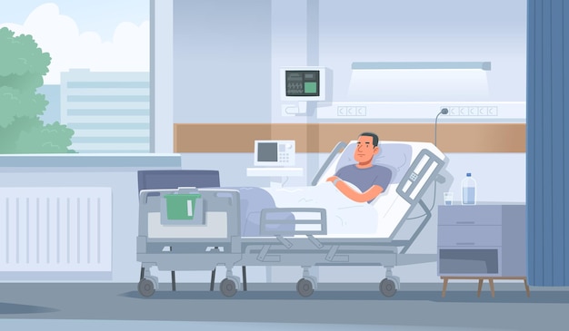 Vector hombre enfermo yace en cama en una sala en un hospital hospitalización del paciente_ai_generado