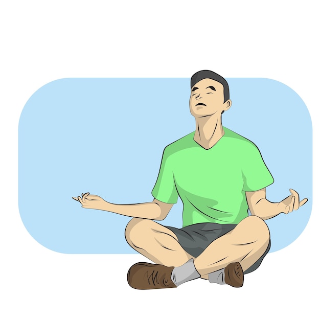 Vector hombre enfocado en el arte de línea sentado en el suelo meditando relajación con ilustración de espacio de copia