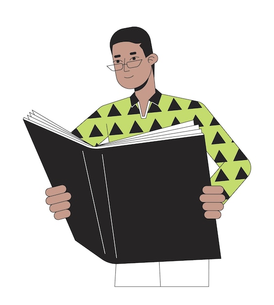 Hombre enfocado leyendo libro línea plana color vector carácter Educación financiera Esquema editable persona de cuerpo completo en blanco Ilustración simple de dibujos animados para diseño gráfico web