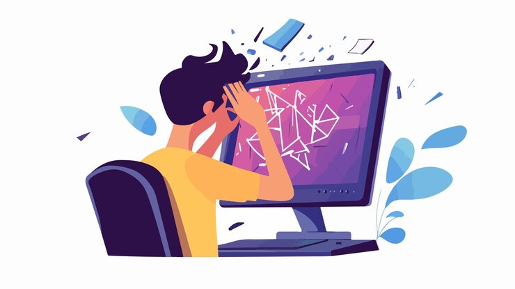 Vector hombre enfocado mirando la pantalla de la computadora con decepción