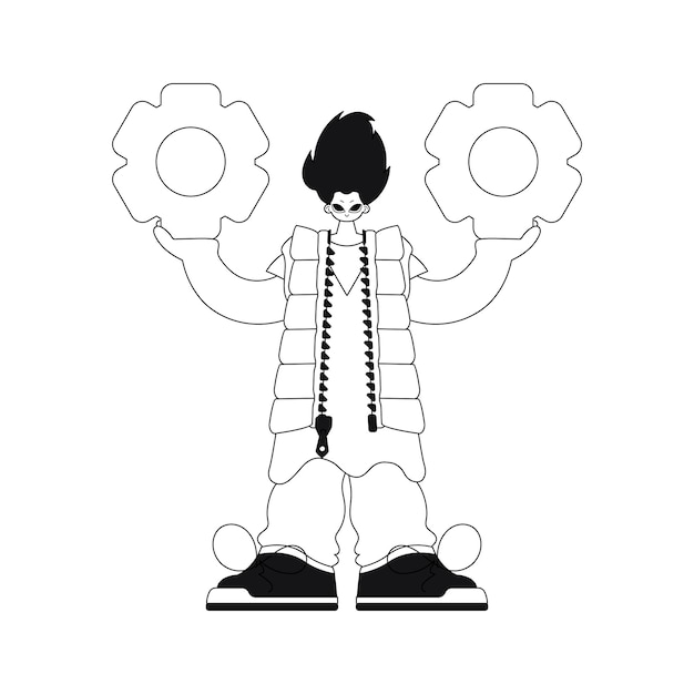 Hombre con engranajes en las manos en la ilustración de vector de estilo lineal.
