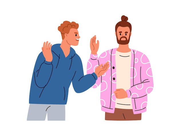 Hombre enojado gritando discutiendo Conflicto pelea entre dos personas Malentendido desacuerdo mala comunicación pelea tóxica concepto Ilustración gráfica vectorial plana aislada sobre fondo blanco