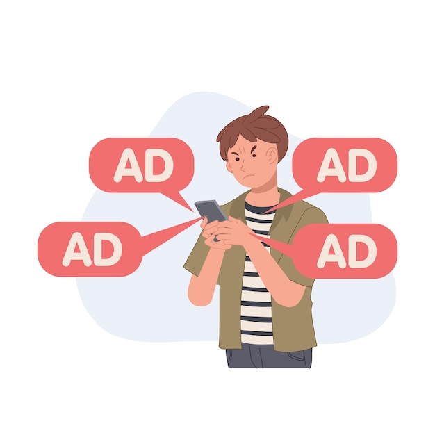 Hombre enojado y molesto con notificaciones de anuncios de la aplicación de teléfono inteligente Internet ad spam Ilustración vectorial