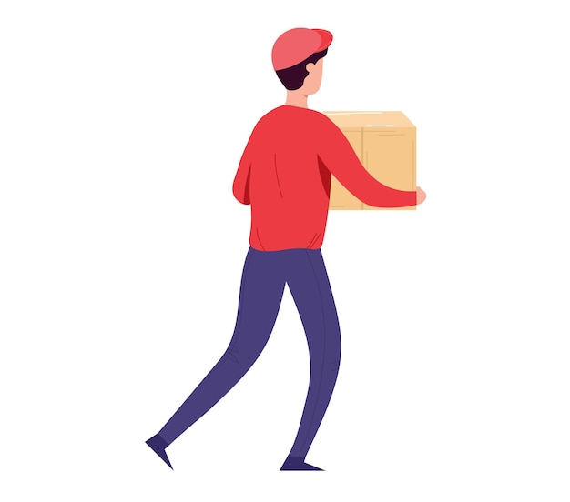 Hombre de entrega llevando un paquete con una camisa roja y una gorra de perfil lateral caminando servicio de entrega