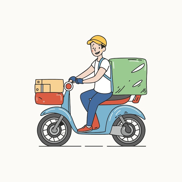 hombre de entrega montando scooter dibujos animados ilustración vectorial diseño gráfico