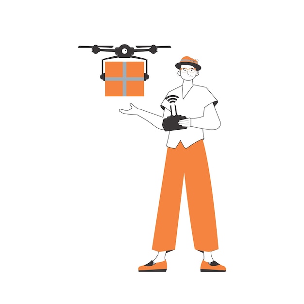 Un hombre entrega un paquete por drone el concepto de entrega de carga por aire estilo lineal de moda aislado sobre fondo blanco ilustración vectorial