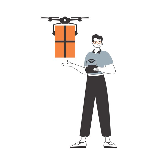 Un hombre entrega un paquete por drone el concepto de entrega de carga por aire estilo moderno lineal aislado sobre fondo blanco ilustración vectorial