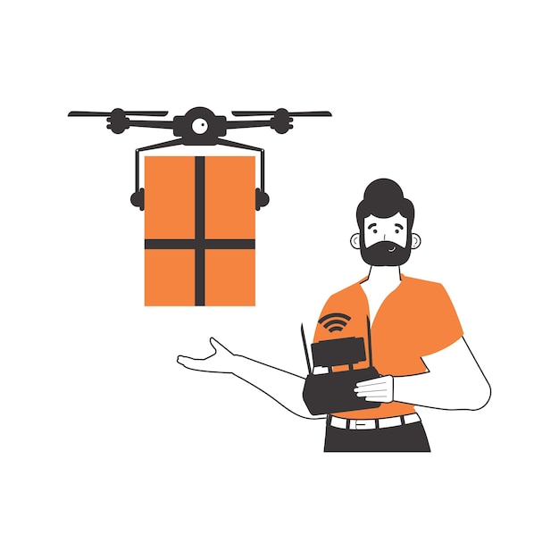 Un hombre entrega un paquete por drone concepto de entrega de drones estilo lineal de moda aislado en fondo blanco ilustración vectorial